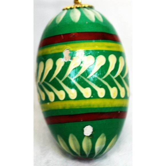 Polish Wooden Egg Ornament Painted Green Red Yellow Designs Christmas Holiday - Picture 1 of 11